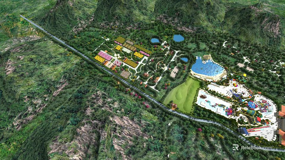 Scenic Amusement Park With Mountain Green Area Water Pool And Colorful Buildings 3d model 
