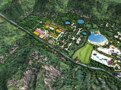 Scenic Amusement Park With Mountain Green Area Water Pool And Colorful Buildings 3d model