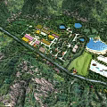 Scenic Amusement Park With Mountain Green Area Water Pool And Colorful Buildings