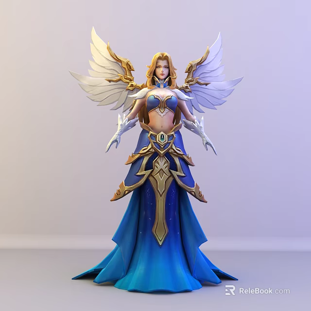 Game Movie Character with White Wings Golden Hair and Blue Gold Ornate Attire 3d model 