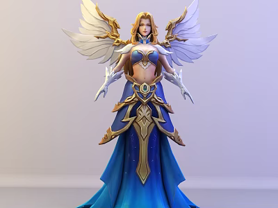 Game Movie Character with White Wings Golden Hair and Blue Gold Ornate Attire 3d model