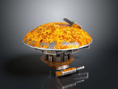 Rusty Metal Mechanical Creature With Orange Spotted Dome Support Legs And Side Parts 3d model