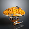Rusty Metal Mechanical Creature With Orange Spotted Dome Support Legs And Side Parts