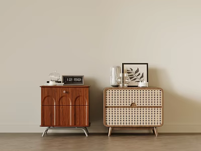 Wooden And Rattan Nightstands With Alarm Clock Picture Frame Glass Vase And Leaf Decor 3d model