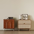 Wooden And Rattan Nightstands With Alarm Clock Picture Frame Glass Vase And Leaf Decor