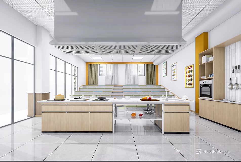 Spacious Commercial Kitchen With Large Counter Cabinets Vent Hood And Windows 3d model 