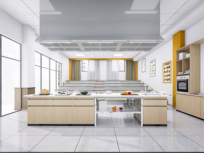 Spacious Commercial Kitchen With Large Counter Cabinets Vent Hood And Windows 3d model