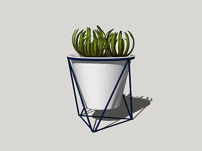 Modern Potted Plant With Green Pointed Leaves In White Conical Pot And Blue Metal Frame 3d model