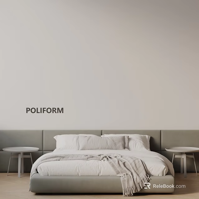 POLIFORM Double Bed With Gray Headboard White Sheets Pillows And Small Side Tables Light Wall 3d model
