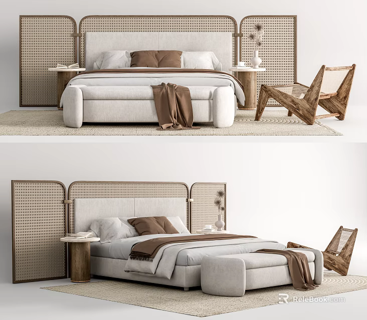 Modern Double Bed Interior Design With Woven Headboard Pillows Blanket And Side Chair 3d model 