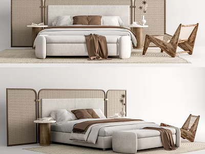 Modern Double Bed Interior Design With Woven Headboard Pillows Blanket And Side Chair 3d model