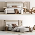 Modern Double Bed Interior Design With Woven Headboard Pillows Blanket And Side Chair