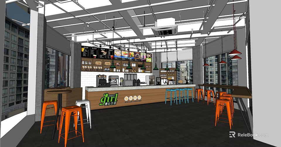 Modern Bubble Tea Shop Interior With Counter Orange Stools And Menu Screens 3d model