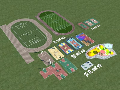 Various Outdoor Sports Facilities Layout Including Track Field Football Court And Playground 3d model