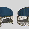 Upholstered Navy Blue Accent Chair With Gold Geometric Metal Frame Design