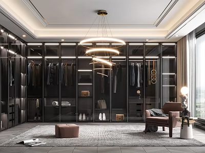 Luxury Walk in Closet Interior With Glass Door Wardrobes Chandeliers And Armchair 3d model