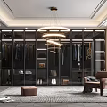 Luxury Walk in Closet Interior With Glass Door Wardrobes Chandeliers And Armchair