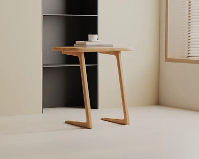 Modern Wooden Side Table In Minimalist Interior With Black Shelf Books And Cup 3d model