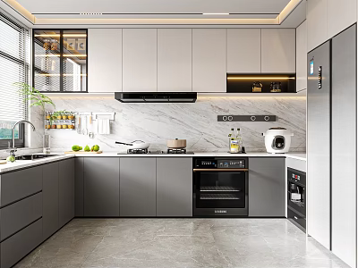 Modern Kitchen Interior Design With Gray White Cabinets Marble Countertops And Oven 3d model