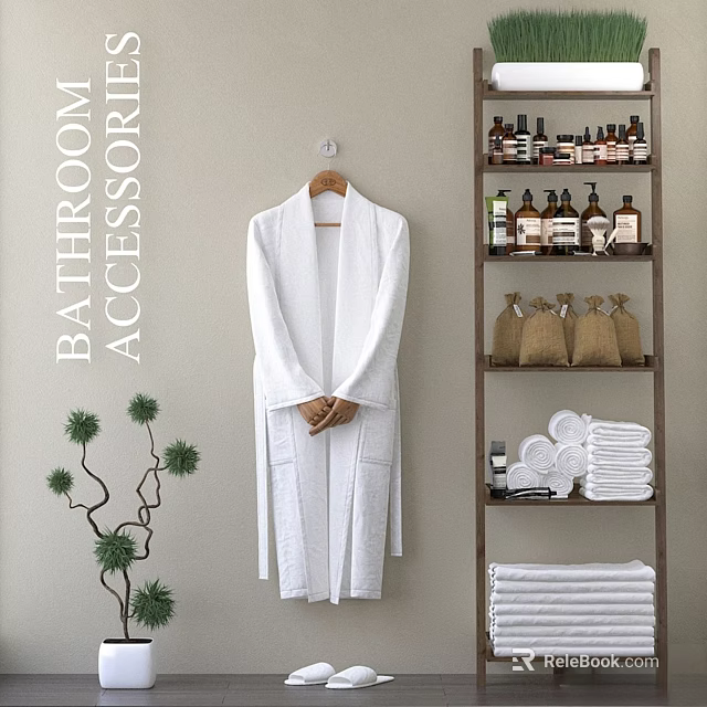 Bathroom Accessories Display With White Bathrobe Bath Products And Stacked Towels 3d model 