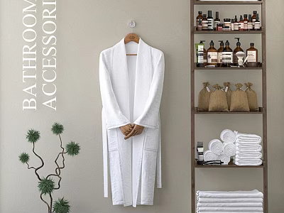 Bathroom Accessories Display With White Bathrobe Bath Products And Stacked Towels 3d model
