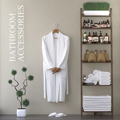 Bathroom Accessories Display With White Bathrobe Bath Products And Stacked Towels 3d model