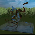 Modern Metal Sculpture With Curved Orange Silver Elements Surrounded By Trees Grass And Water Pool