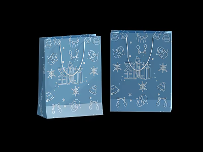 Blue Christmas Gift Bags With White Snowflakes Bells Gift Boxes And Trees 3d model