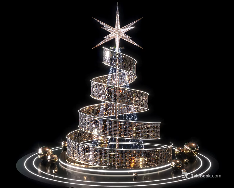 Artistic Installation Spiral Structure with Star Top Illuminated Rings and Golden Spheres 3d model 