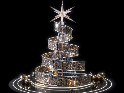 Artistic Installation Spiral Structure with Star Top Illuminated Rings and Golden Spheres 3d model