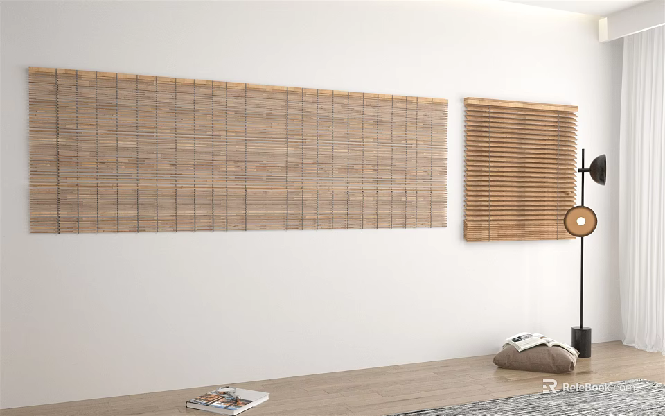 Bamboo and Wooden Blinds in Modern Home Interior with White Wall and Wooden Floor 3d model 