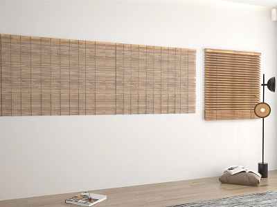 Bamboo and Wooden Blinds in Modern Home Interior with White Wall and Wooden Floor 3d model