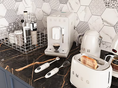 Modern Kitchen With SMEG Coffee Maker Toaster Metal Storage On Marble Countertop And Hexagon Tile 3d model