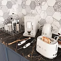 Modern Kitchen With SMEG Coffee Maker Toaster Metal Storage On Marble Countertop And Hexagon Tile