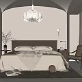 Beige Bedroom Interior With Arched Wall Chandelier Bed Rug And Accent Chair