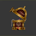 Open Wooden Treasure Chest With Golden Decorations Red Gemstone Gems And Pearl Necklace