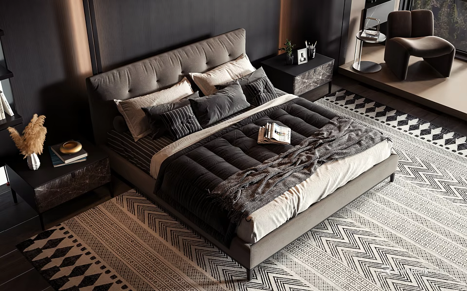 Double Bed with Gray Upholstered Headboard Multiple Pillows Dark Quilt and Black White Geometric Rug 3d model 