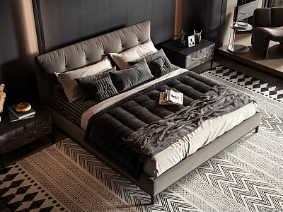 Double Bed with Gray Upholstered Headboard Multiple Pillows Dark Quilt and Black White Geometric Rug 3d model