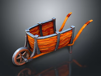Vintage Wooden Wheelbarrow With Metal Frame And Orange Handles Single Wheel Design 3d model