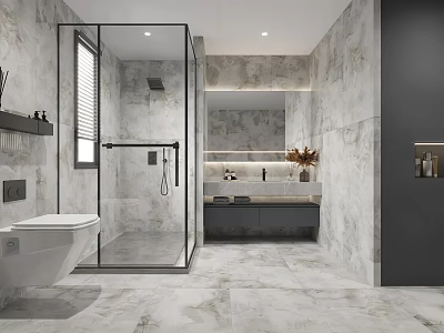 Modern Bathroom Interior Design With Glass Shower Enclosure Gray Marble Walls And Double Vanity Sink 3d model
