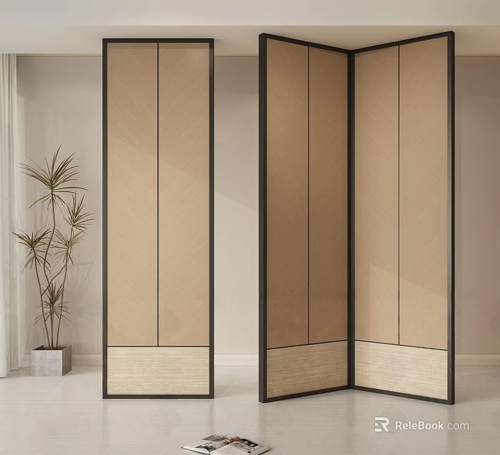 Modern Room Divider With Dark Frame Beige Panels And Woven Bottom In Interior Space 3d model 