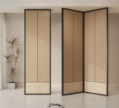 Modern Room Divider With Dark Frame Beige Panels And Woven Bottom In Interior Space 3d model