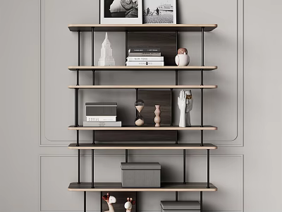 Modern Open Shelving Unit With Wooden Layers Metal Frame Books Photo Frames And Decor Items 3d model