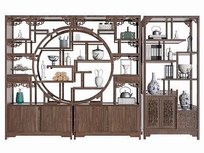 Traditional Chinese Wooden Carved Display Shelf With Circular Openwork And Decorative Vases Tea Sets 3d model