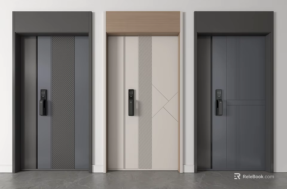 Modern Security Doors With Different Panel Designs Electronic Locks And Sleek Finishes 3d model