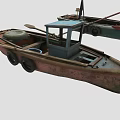 Vintage Wooden Boats With Blue Brown Red Hulls Canvas Covers Oars And Life Rings