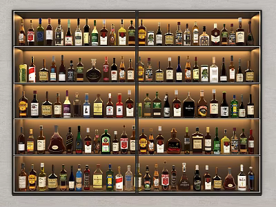 Various Types of Wine Bottles and Glasses Neatly Arranged in Wine Cabinet with Multiple Shelves 3d model