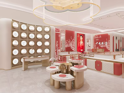 Elegant Jewelry Store Interior With Red Gold Decor Circular Display Cases And Chandelier 3d model