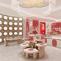 Elegant Jewelry Store Interior With Red Gold Decor Circular Display Cases And Chandelier