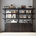 Modern Wooden Bookcase With Multiple Shelves Books Photo Frames And Sculpture